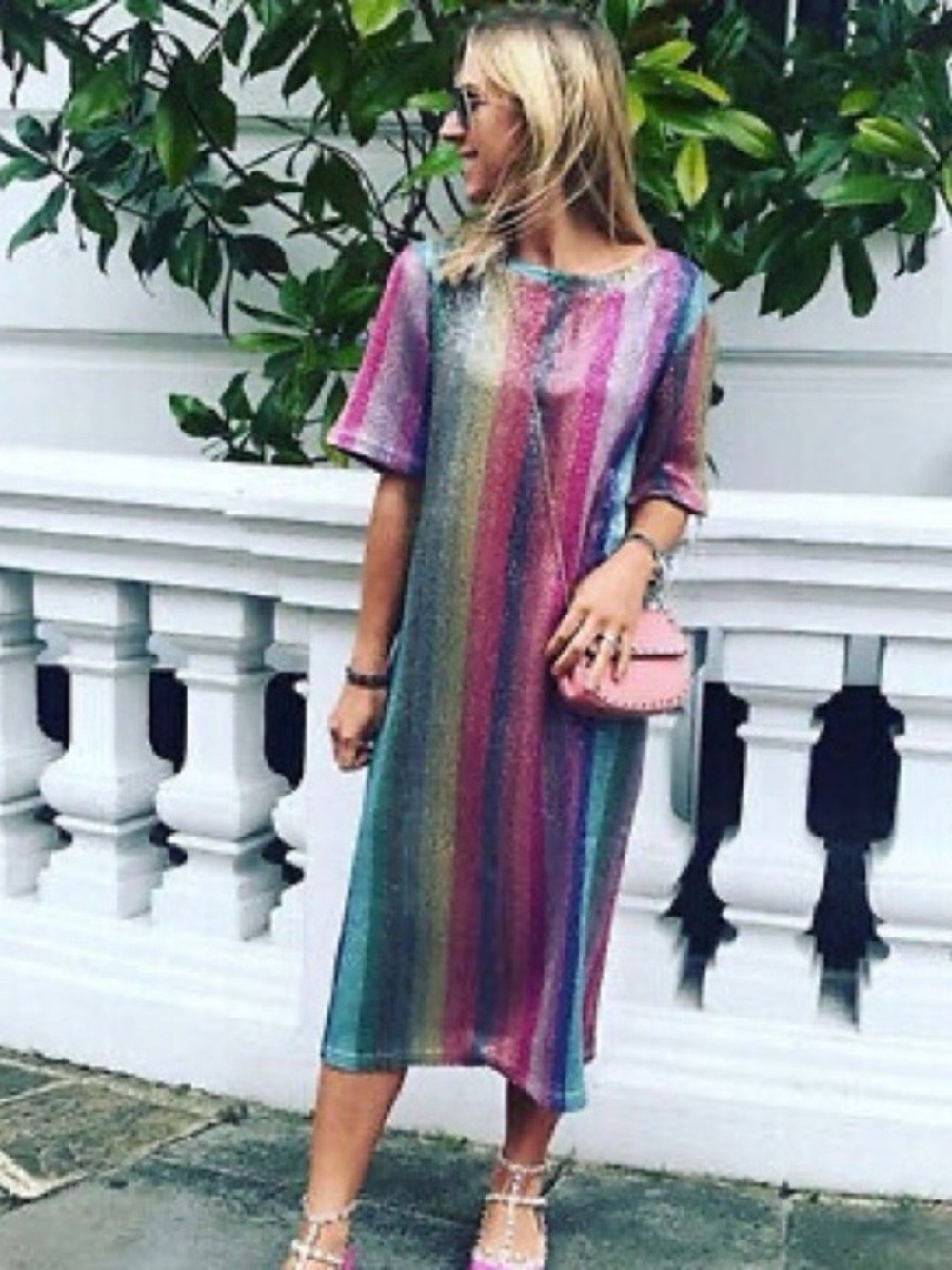 Zara Sz M Rainbow Stripe Sparkly Sequin Midi Dress Bloggers Fav Festival Disco - Picture 2 of 13